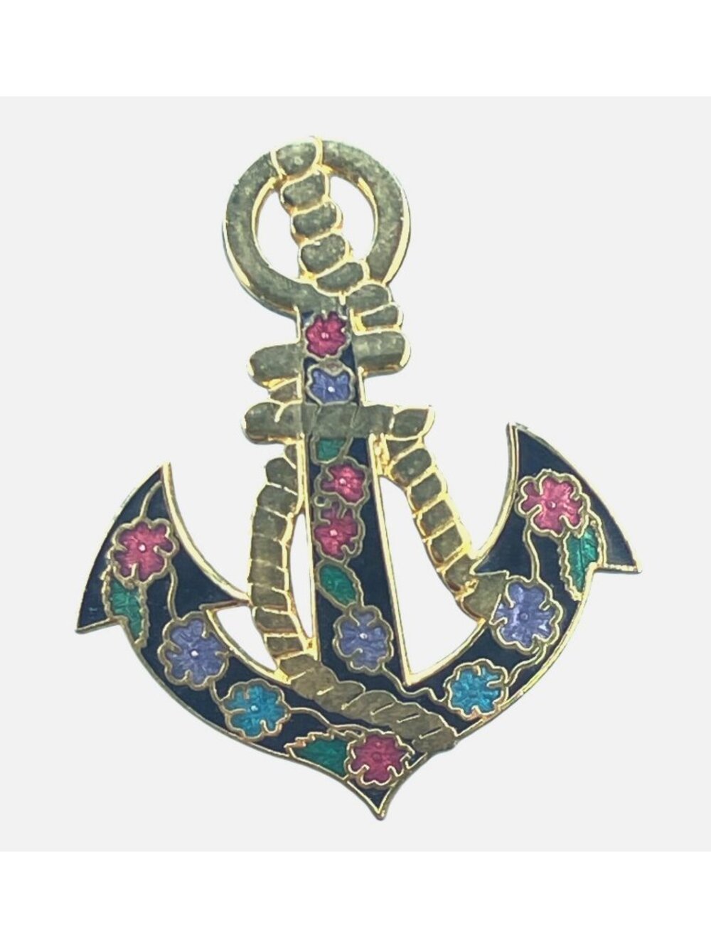Anchor Enamel Cloisonné Pin Brooch Floral Design Gold Tone Nautical Accessory - Picture 2 of 12